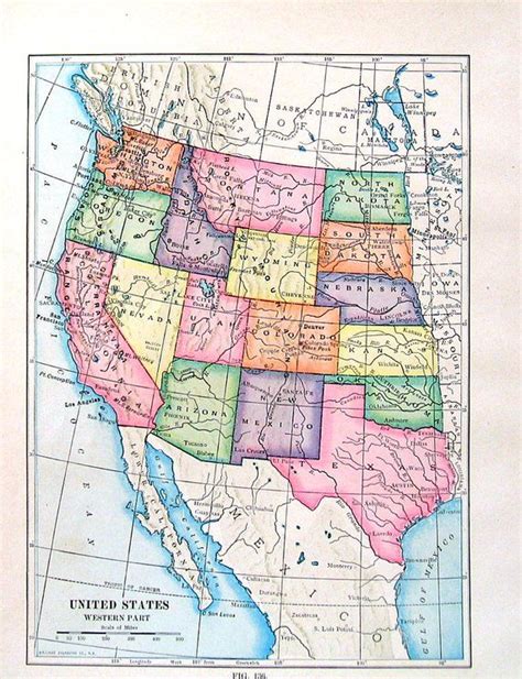Map Of The United States Western Part Antique 1910 World Atlas Book