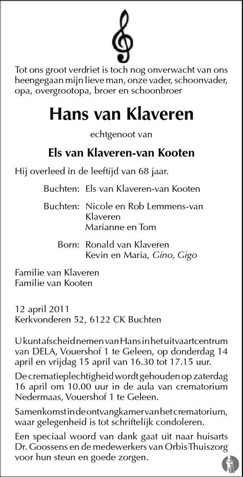 Hans Van Klaveren Overlijdensbericht En Condoleances