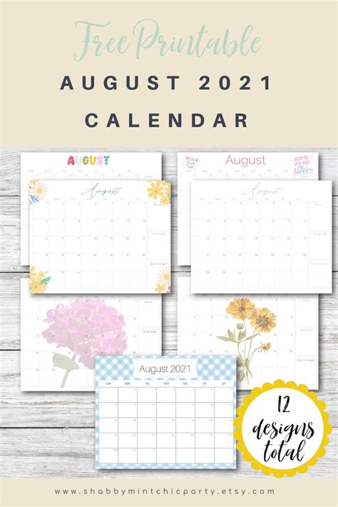 August 2021 Calendar Shabby Mint Chic Party