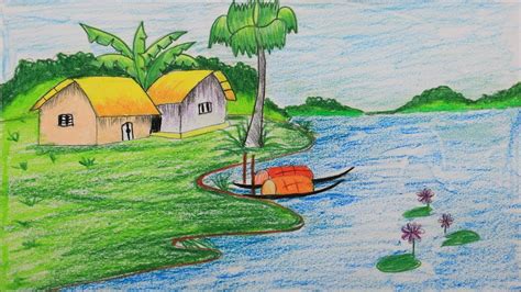 How To Draw Scenery Of A Village Step By Step Very Easy Drawings