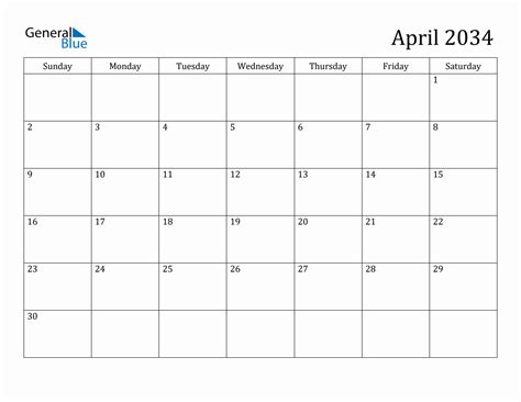 April 2034 Monthly Calendar
