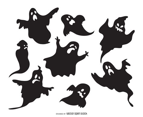 Set Of Ghost Silhouettes Featuring Ghosts With Different Expressions