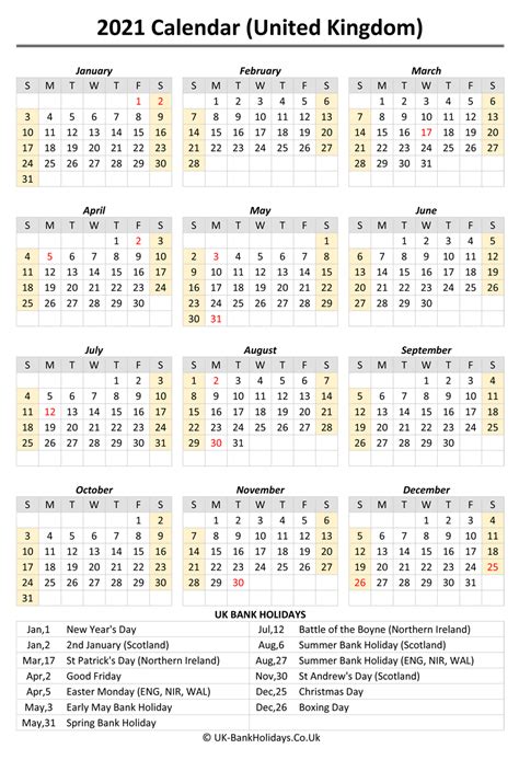 Download 2021 Uk Calendar Printable With Holidays
