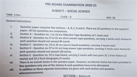 Class 10 Social Science Pre Board Exam Question Paper Of 2020 21
