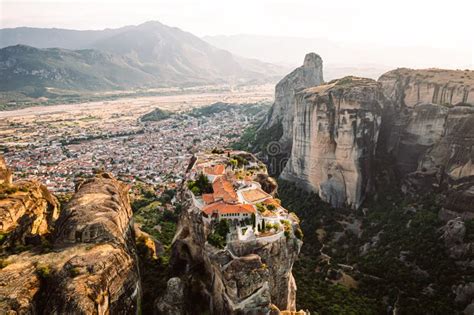 Aerial Drone View Of Monastery In Meteora Greece Golden Hour Sunset