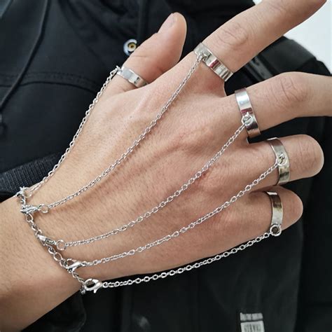 Silver Five Finger Hand Chain Ring Bracelet Connected Chain Ring Adjustable Silver Rings With