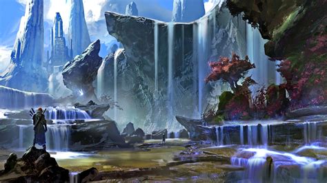 Download 1920x1080 Knight Fantasy World Waterfall Painting Magic