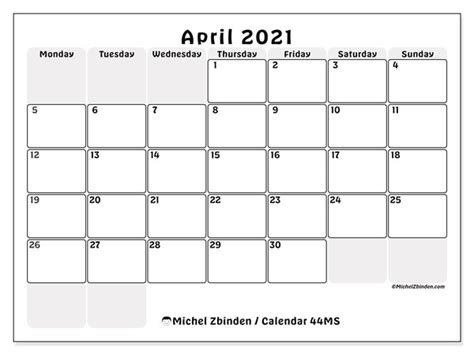 Just click print right from your browser. April 2021 Calendars - MS - Michel Zbinden EN