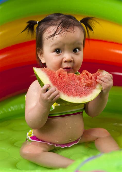 Baby Girl In Eating Watermelon Stock Photo Image Of