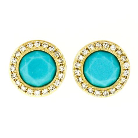 NEW 14k Yellow Gold 1 16ctw Round Turquoise Stud Earrings W Diamond