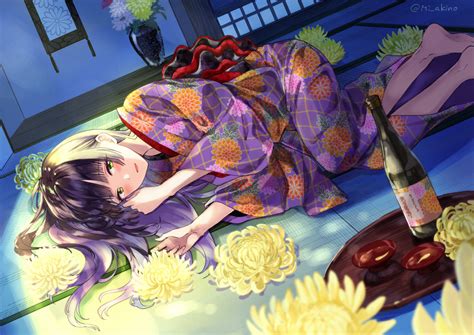 Barefoot Black Hair Blush Drink Flowers Green Eyes Japanese Clothes Kimono Long Hair Miyabi
