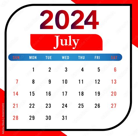 2024 July Month Calendar With Red And Black Stock Vector Adobe Stock