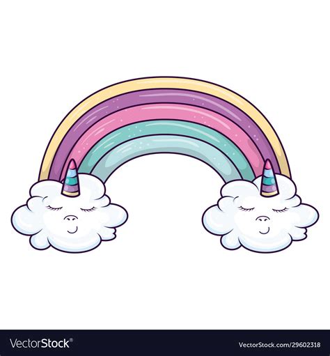Cute Rainbow With Clouds Unicorn Kawaii Style Vector Image