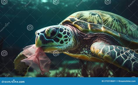 Green Sea Turtle Eating Plastic Litter Stock Illustration