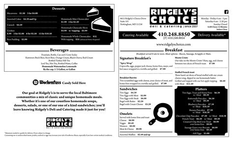 Ridgely's Choice Deli-Catering menu in Baltimore, Maryland, USA