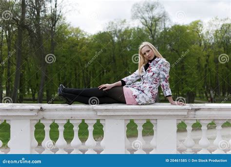 Blonde Girl Sitting On The Railing Stock Image Image Of Woman Park