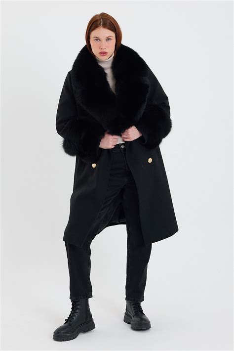 Black Cashmere Coat Collar And Sleeves Double Line Fox Fur Etsy