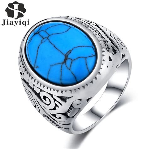 Jiayiqi Vintage Mens Ring Blue Stone High Polished Stainless Steel Men