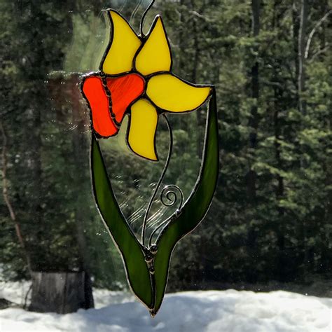 Stained Glass Daffodil Glass Art Stained Glass Window Etsy