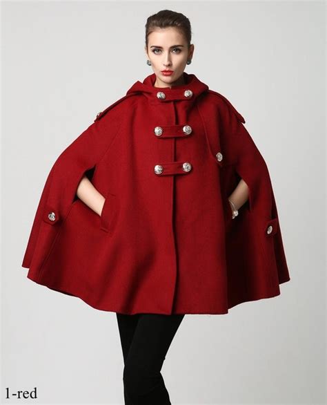 Womens Winter Red Wool Hooded Wool Cape Coat Plus Size Etsy