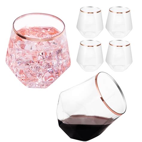 Buy Luoda Rose Gold Diamond Shaped Plastic Stemless Wine Glasses Set Of 24 Disposable 12 Oz