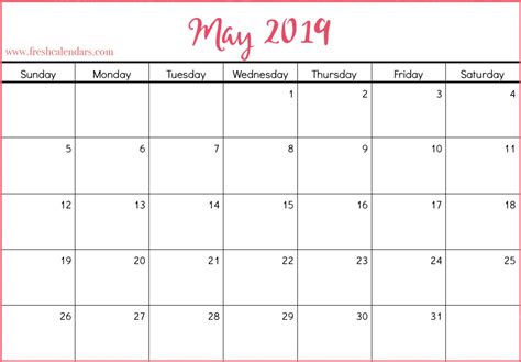 Printable Calendar May 2019 Printable Templates