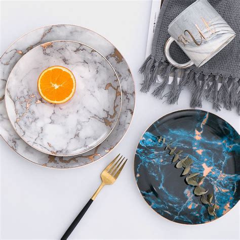 2020 Tableware Marble Ceramic Dinner Set Gold Inlay Porcelain Dessert
