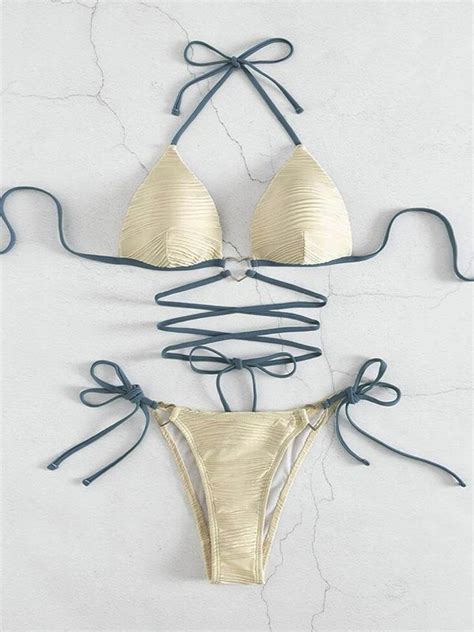 emmiol free shipping 2023 textured lace up bikini set apricot l in bikini sets online store