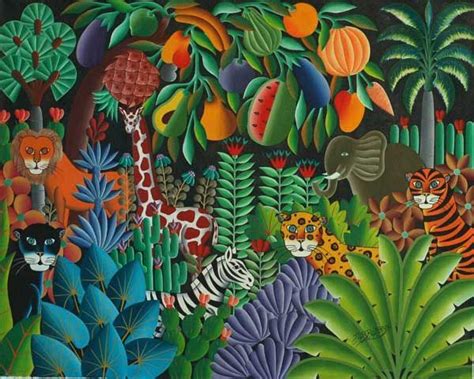 Rousseau exaggerated the size of common plants and flowers, creating a lush. Jungle paintings by Haitian Pierre Maxo | Jungle art ...