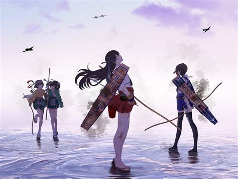 aircraft akagi kancolle anthropomorphism bow weapon brown hair clouds gloves group headband