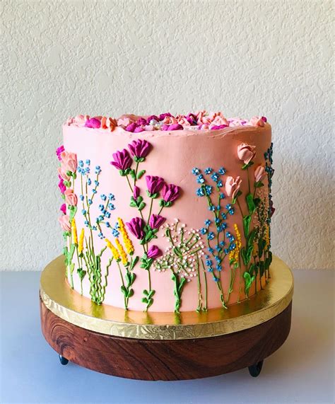 Pink Cake With Wildflower Design Birthday Cake With Flowers Pretty Birthday Cakes First