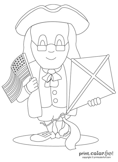 Benjamin Franklin with kite and flag coloring page - Print. Color. Fun!