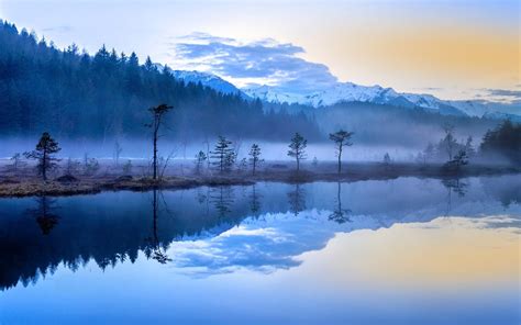 Nature Landscape Mist Lake Sunrise Forest Mountains Snowy Peak Blue Water Reflection