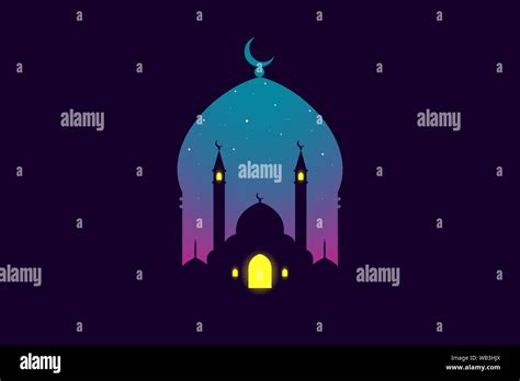 Mosque Silhouette In Night Sky With Moon And Abstract Light For Islam