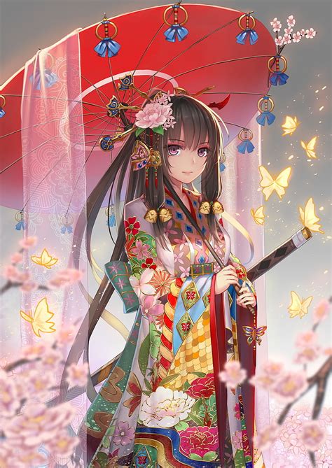 Hd Wallpaper Anime Anime Girls Long Hair Kimono Sword Umbrella