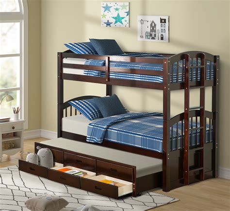 Tkoofn Twin Over Twin Bunk Bed With Trundle For Kids Storage Wood Bunk