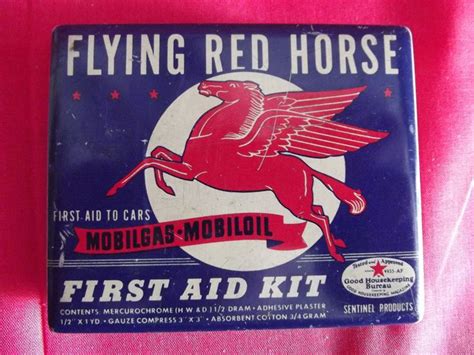 Vintage Flying Red Horse Pegasus Mobilegas First Aid Kit Tin First