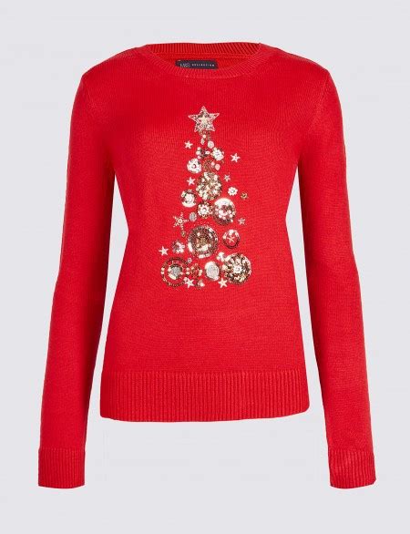 Mands Collection Embellished Christmas Tree Novelty Jumper Red Xmas Jumpers Marks And Spencer