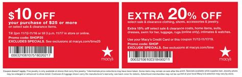 Earn a 25% macy's coupon that can be used on your next purchase. Macy's Coupon - $10 Off $25 Or Extra 20% Off thru 11/17/19 ...