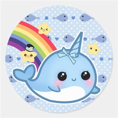 Cute Baby Narwhal With Rainbow And Stars Classic Round Sticker Zazzle