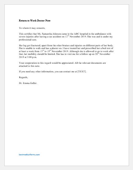 Cover letter examples in different styles, for multiple industries. Return to Work Doctor's Note SAMPLE | Printable Medical ...