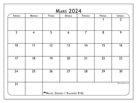 Kalender Mars 2024 För Att Skriva Ut “51sl” Michel Zbinden Se