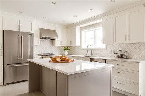 White Shaker Cabinets with White Herringbone Backsplash ... White ice granite and backsplash home design fireplace.