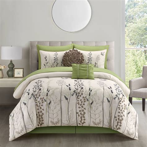 Lanco Olive Floral 10 Piece Comforter Set Greenwhite Bed Size King Fill Polyester