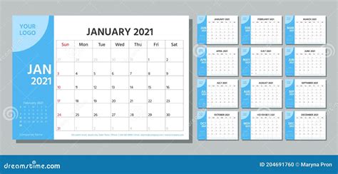 2021 Year Planner Calendar Template Vector Illustration Table