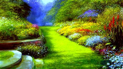 A Park With Many Greenery And Flowers Wallpaper Download 5120x2880