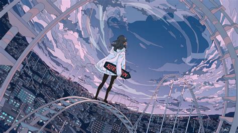 Wallpaper Anime Girl Clouds Anime Landscape Cityscape Polychromatic