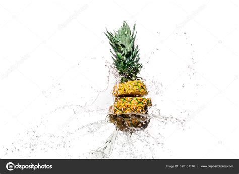 Fresh Sliced Pineapple Water Splashes Isolated White Stock Photo By