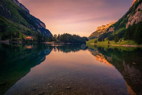 Sunset Over The Seealpsee Lake In The Swiss Alps Switzerland Stock