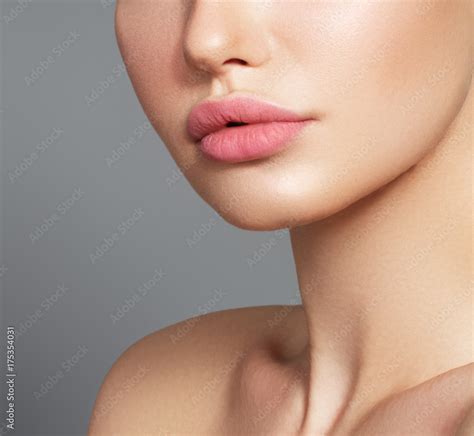 Sexy Plump Full Lips Close Up Face Detail Perfect Natural Lip Makeup Close Up Photo With
